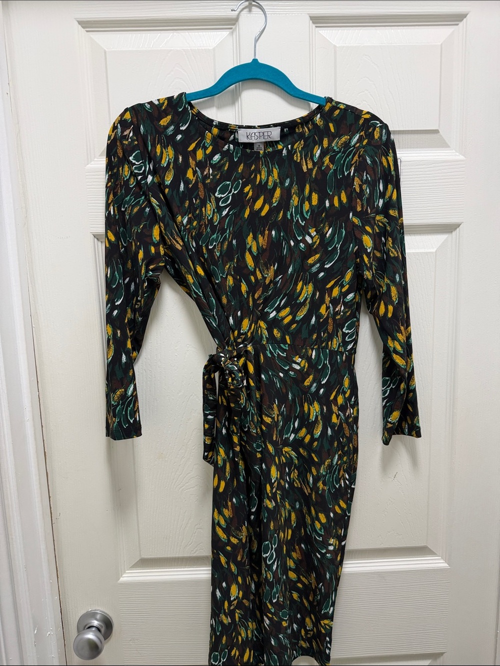 Kasper Black Dress with Yellow and Teal Leaf Print